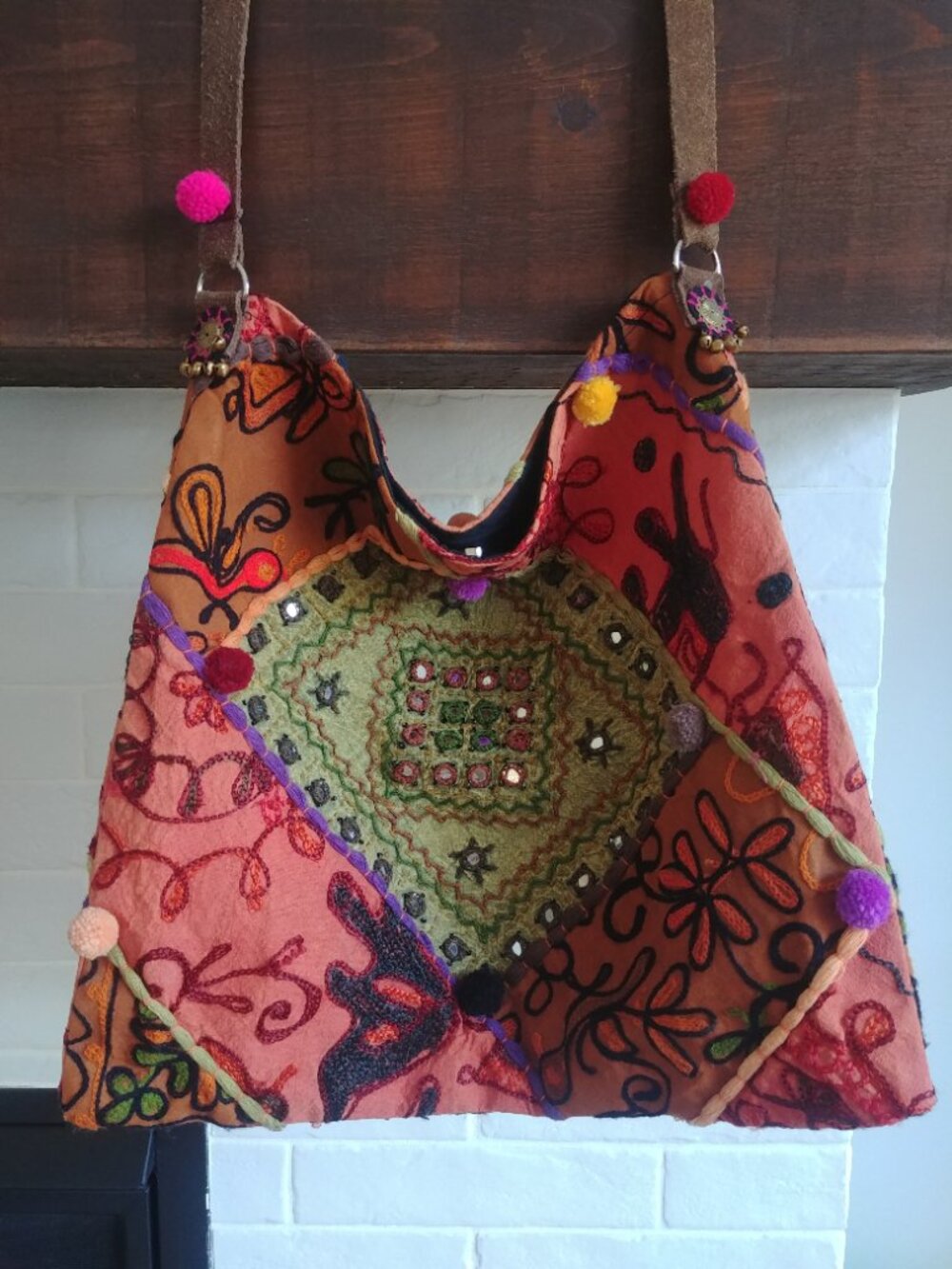 Made in Nepal 100% cotton patchwork embroidered orange green hippie bag tote